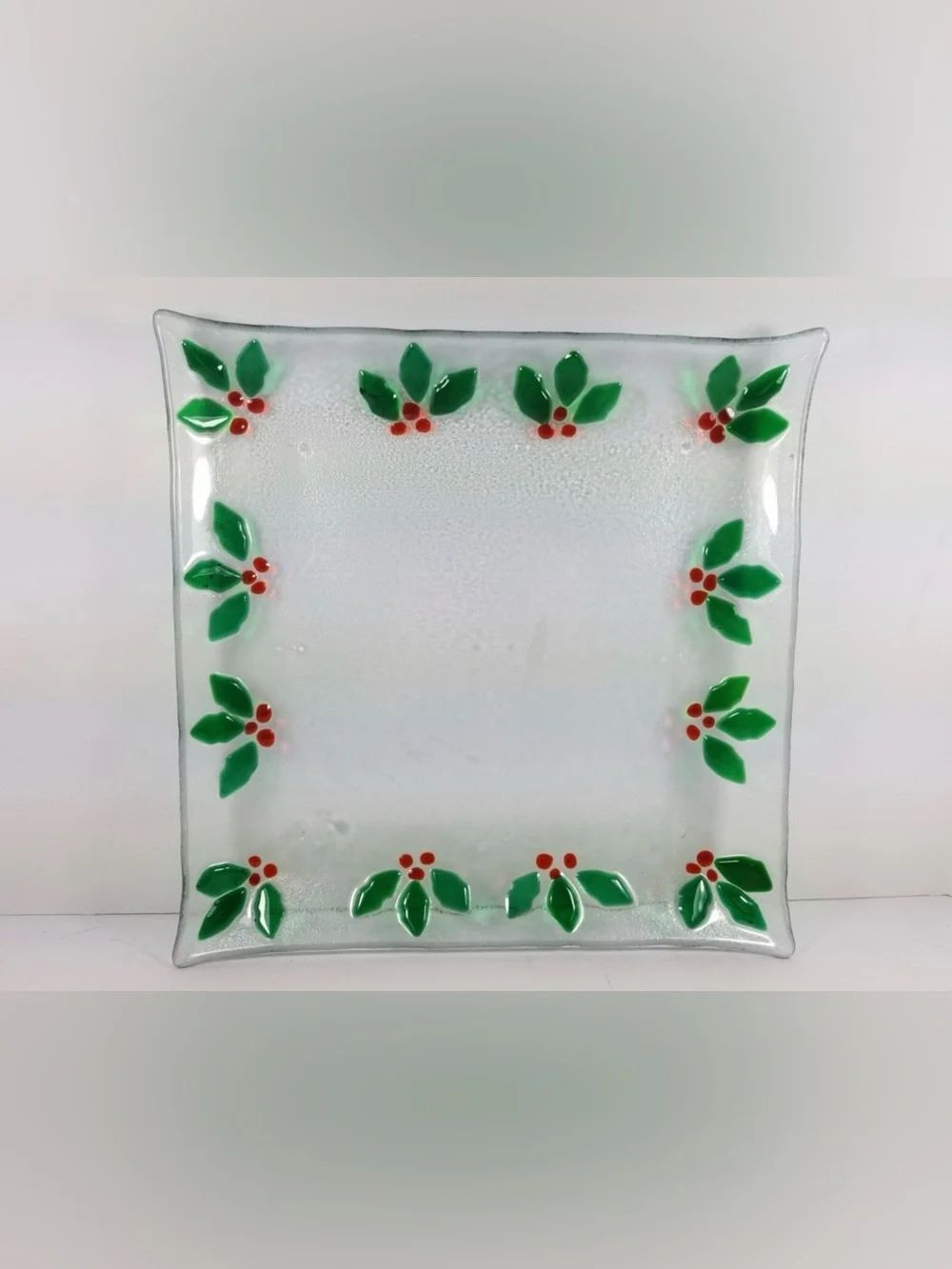 Festive Clear Glass Holiday Serving Plate with Green Holly and Red Berries
